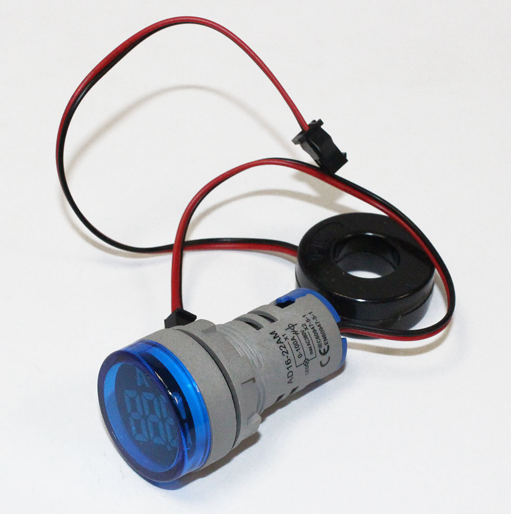 Амперметр LED AC-50Hz 0-100A 220V датчик тока DMS-214 СИНИЙ Dдисплея- 28мм, Dустан- 22мм, круглый